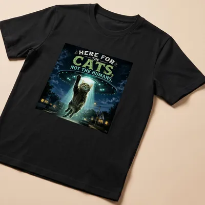 Playful design of cats being abducted by a UFO with whimsical colors