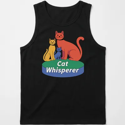 Playful cartoon design with the text 'Cat Whisperer' surrounded by sketches of cats in red, yellow, blue, and green. — printed on a tank top