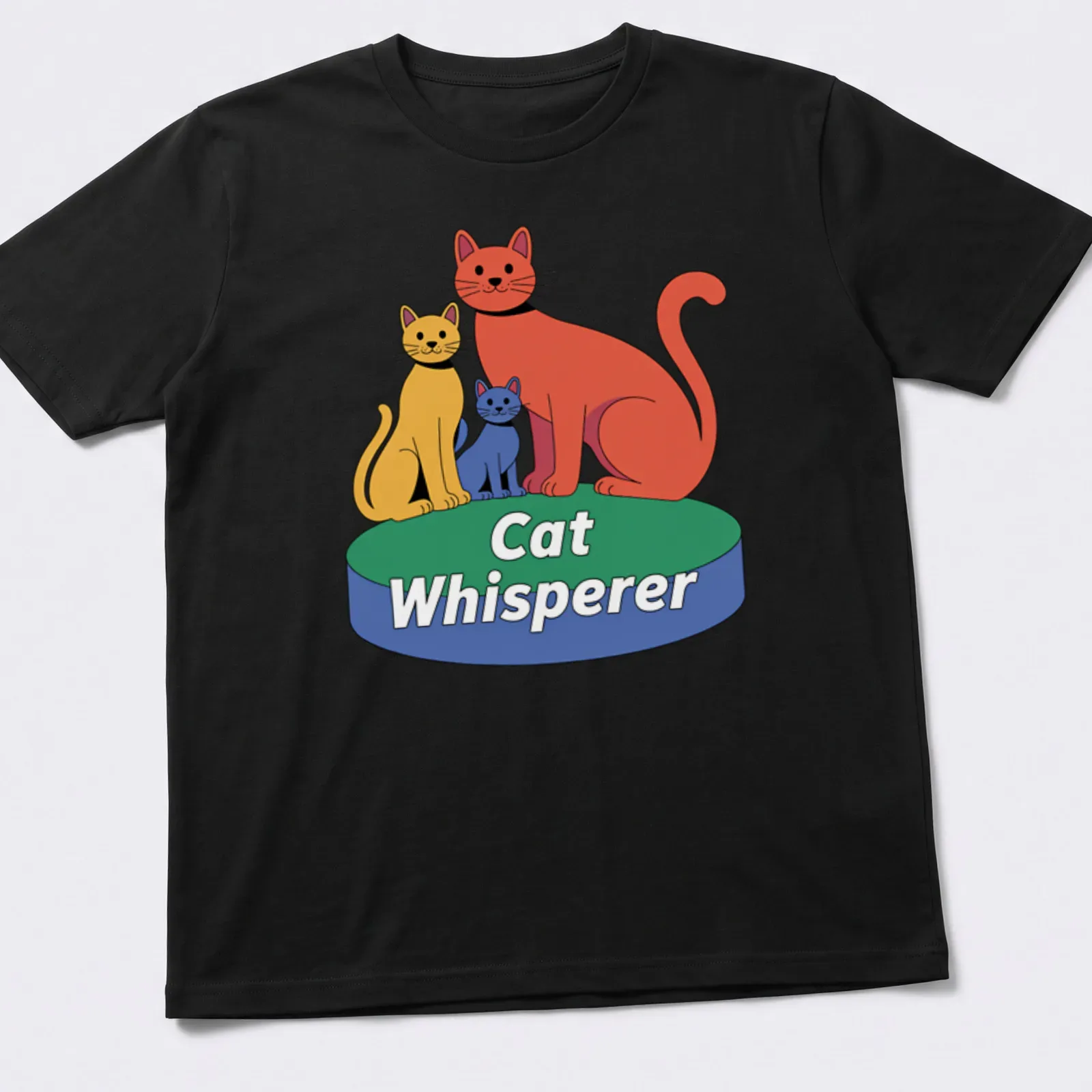 Playful cartoon design with the text 'Cat Whisperer' surrounded by sketches of cats in red, yellow, blue, and green. — printed on a unisex t-shirt