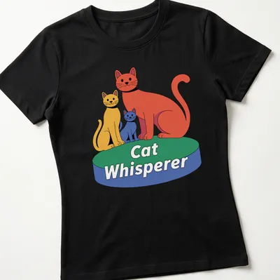 Playful cartoon design with the text 'Cat Whisperer' surrounded by sketches of cats in red, yellow, blue, and green. — printed on a women's shirt