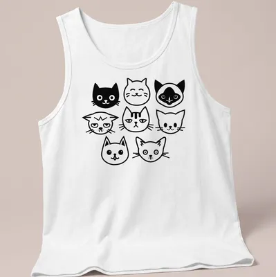 Minimalist design featuring multiple black and white silhouettes of cats — printed on a tank top