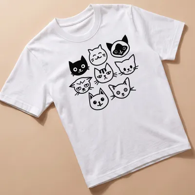 Minimalist design featuring multiple black and white silhouettes of cats