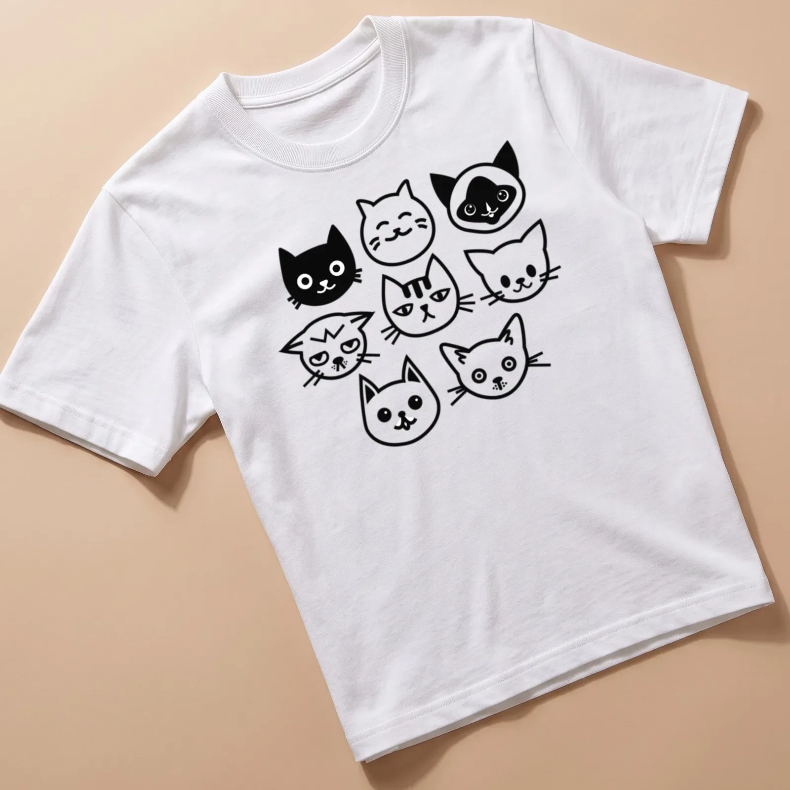 Minimalist design featuring multiple black and white silhouettes of cats — printed on a unisex t-shirt