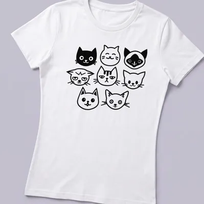 Minimalist design featuring multiple black and white silhouettes of cats — printed on a women's shirt