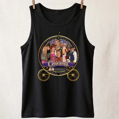 Theatrical collage t-shirt featuring Cinderella characters in vibrant colors. — printed on a tank top