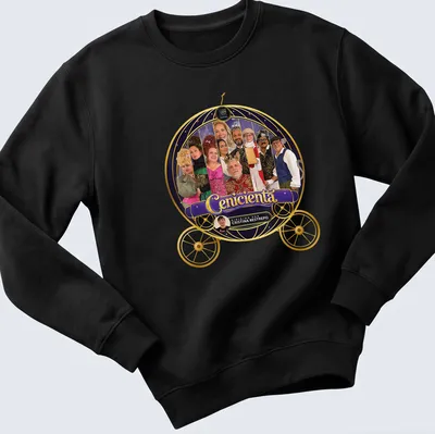 Theatrical collage t-shirt featuring Cinderella characters in vibrant colors. — printed on a unisex sweatshirt