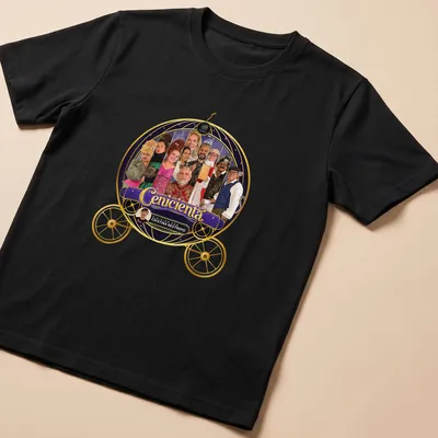 Theatrical collage t-shirt featuring Cinderella characters in vibrant colors.