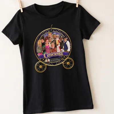 Theatrical collage t-shirt featuring Cinderella characters in vibrant colors. — printed on a women's shirt
