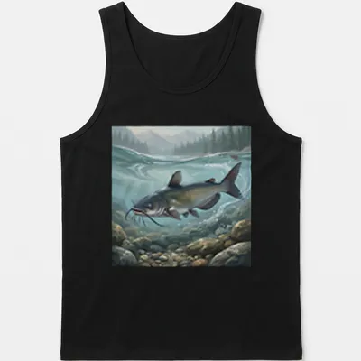 Realistic illustration of a Channel Catfish in blue, green, brown, and gray — printed on a tank top