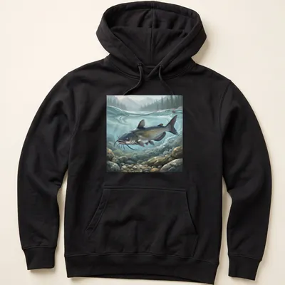 Realistic illustration of a Channel Catfish in blue, green, brown, and gray — printed on a unisex hoodie