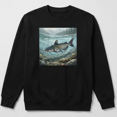Realistic illustration of a Channel Catfish in blue, green, brown, and gray — printed on a unisex sweatshirt