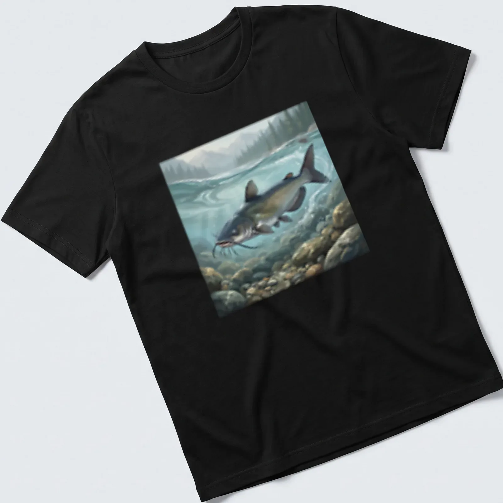 Realistic illustration of a Channel Catfish in blue, green, brown, and gray — printed on a unisex t-shirt
