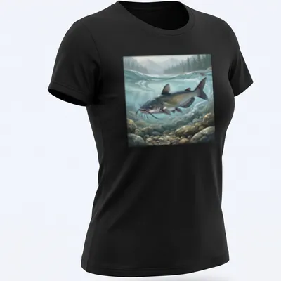 Realistic illustration of a Channel Catfish in blue, green, brown, and gray — printed on a women's shirt