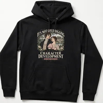 Vintage illustration of a couple with humorous text about character development — printed on a unisex hoodie