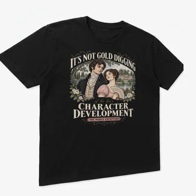 Vintage illustration of a couple with humorous text about character development — printed on a unisex t-shirt (angled view)
