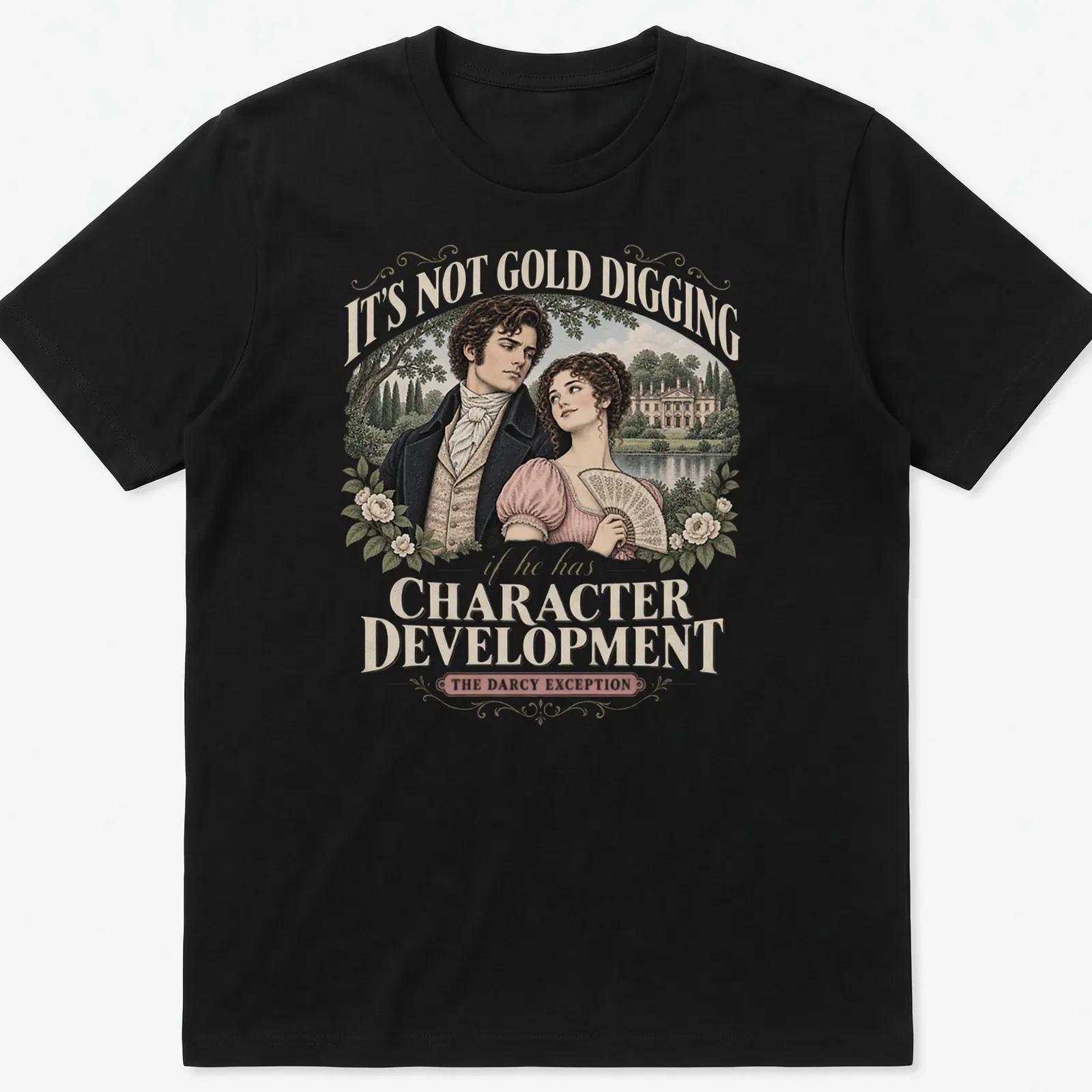 Vintage illustration of a couple with humorous text about character development — printed on a unisex t-shirt