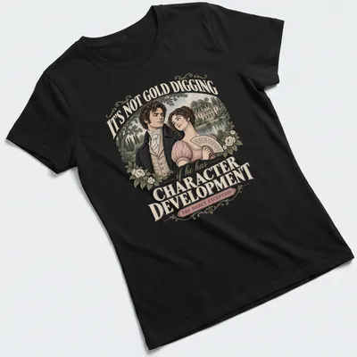 Vintage illustration of a couple with humorous text about character development — printed on a women's shirt