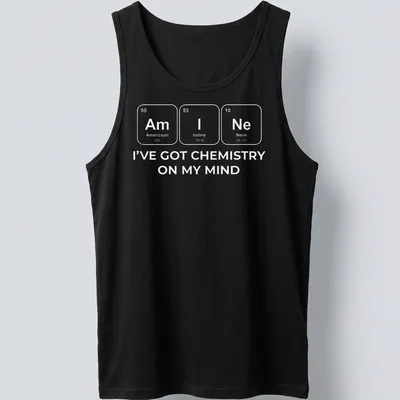 Chemistry-themed t-shirt with white text and elements design — printed on a tank top