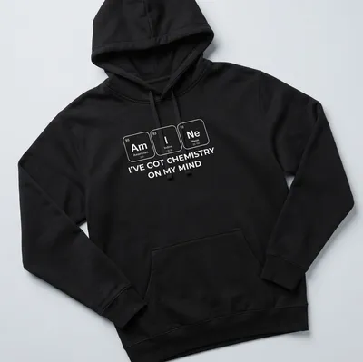 Chemistry-themed t-shirt with white text and elements design — printed on a unisex hoodie