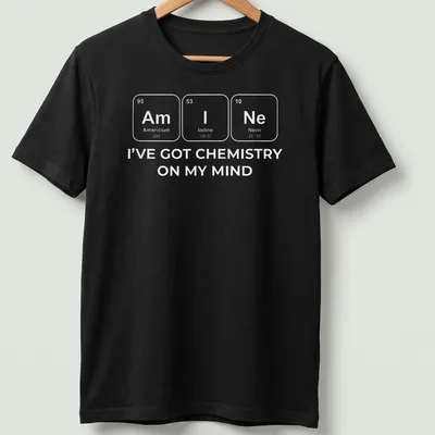 Chemistry-themed t-shirt with white text and elements design
