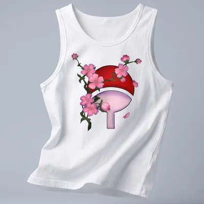 Doodle of Sharingan symbol with cherry blossoms in red, pink, and green — printed on a tank top