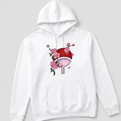 Doodle of Sharingan symbol with cherry blossoms in red, pink, and green — printed on a unisex hoodie