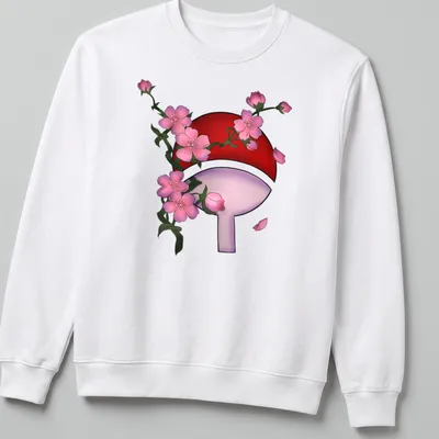 Doodle of Sharingan symbol with cherry blossoms in red, pink, and green — printed on a unisex sweatshirt
