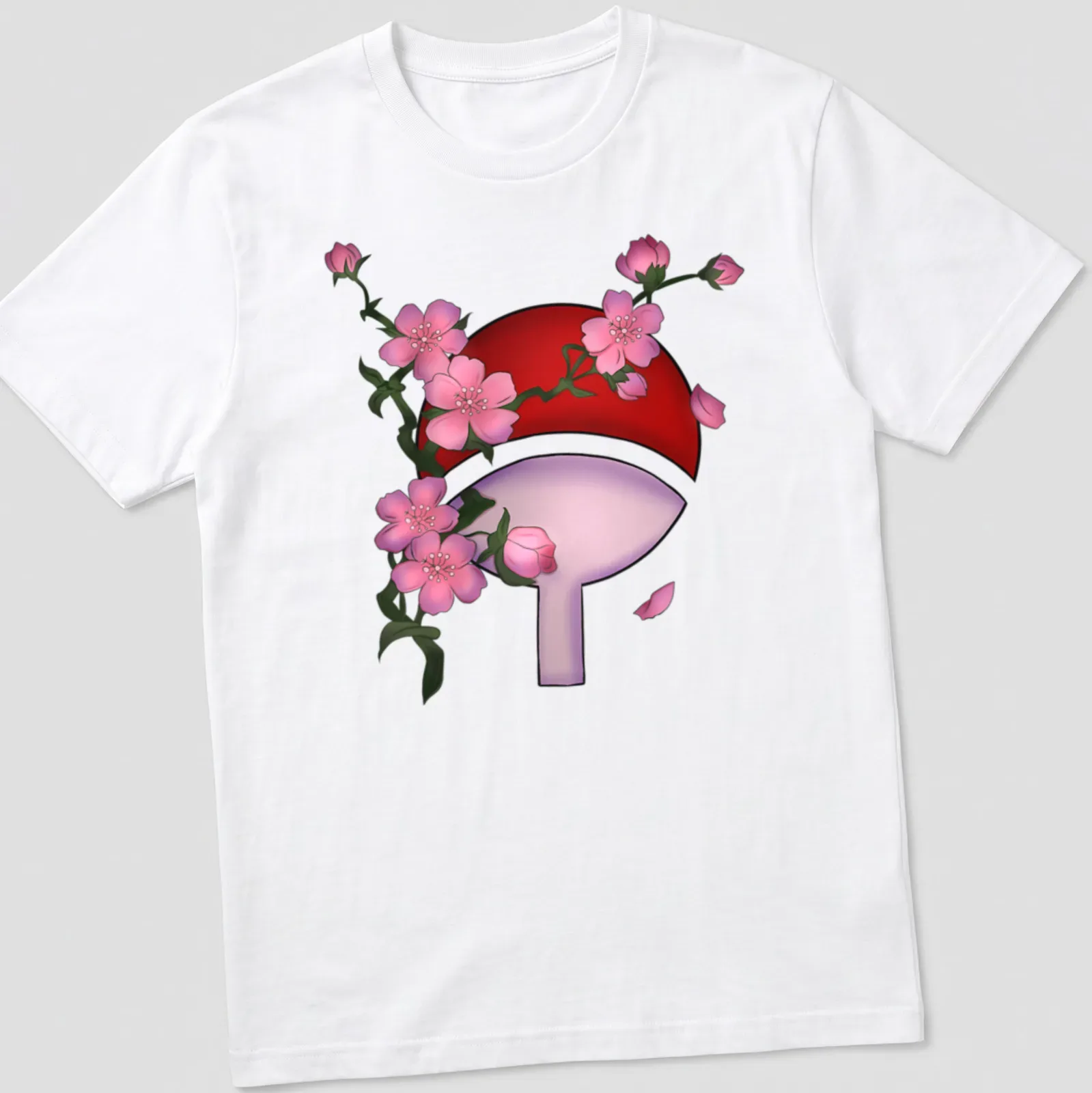 Doodle of Sharingan symbol with cherry blossoms in red, pink, and green — printed on a unisex t-shirt