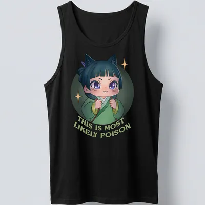 Kawaii chibi character with playful text 'THIS IS MOST LIKELY POISON' in green, blue, purple, and white — printed on a tank top