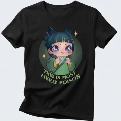 Kawaii chibi character with playful text 'THIS IS MOST LIKELY POISON' in green, blue, purple, and white — printed on a women's shirt