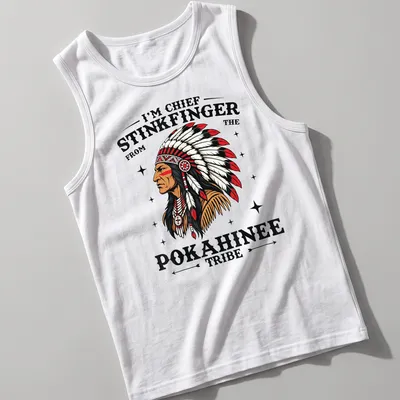 Bold graphic of Chief Stinkfinger text with illustrative elements in red, black, white, and brown — printed on a tank top