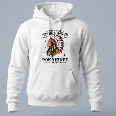 Bold graphic of Chief Stinkfinger text with illustrative elements in red, black, white, and brown — printed on a unisex hoodie