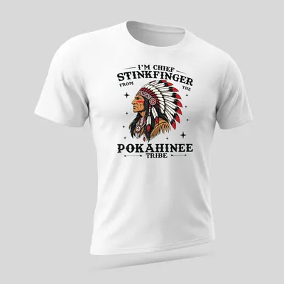 Bold graphic of Chief Stinkfinger text with illustrative elements in red, black, white, and brown — printed on a unisex t-shirt (angled view)