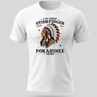Bold graphic of Chief Stinkfinger text with illustrative elements in red, black, white, and brown