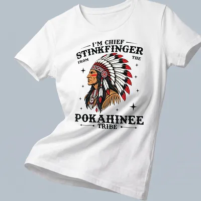 Bold graphic of Chief Stinkfinger text with illustrative elements in red, black, white, and brown — printed on a women's shirt