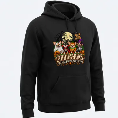 Colorful cartoon shirt featuring Chihuahuas in Halloween costumes with funny text — printed on a unisex hoodie