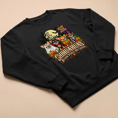 Colorful cartoon shirt featuring Chihuahuas in Halloween costumes with funny text — printed on a unisex sweatshirt