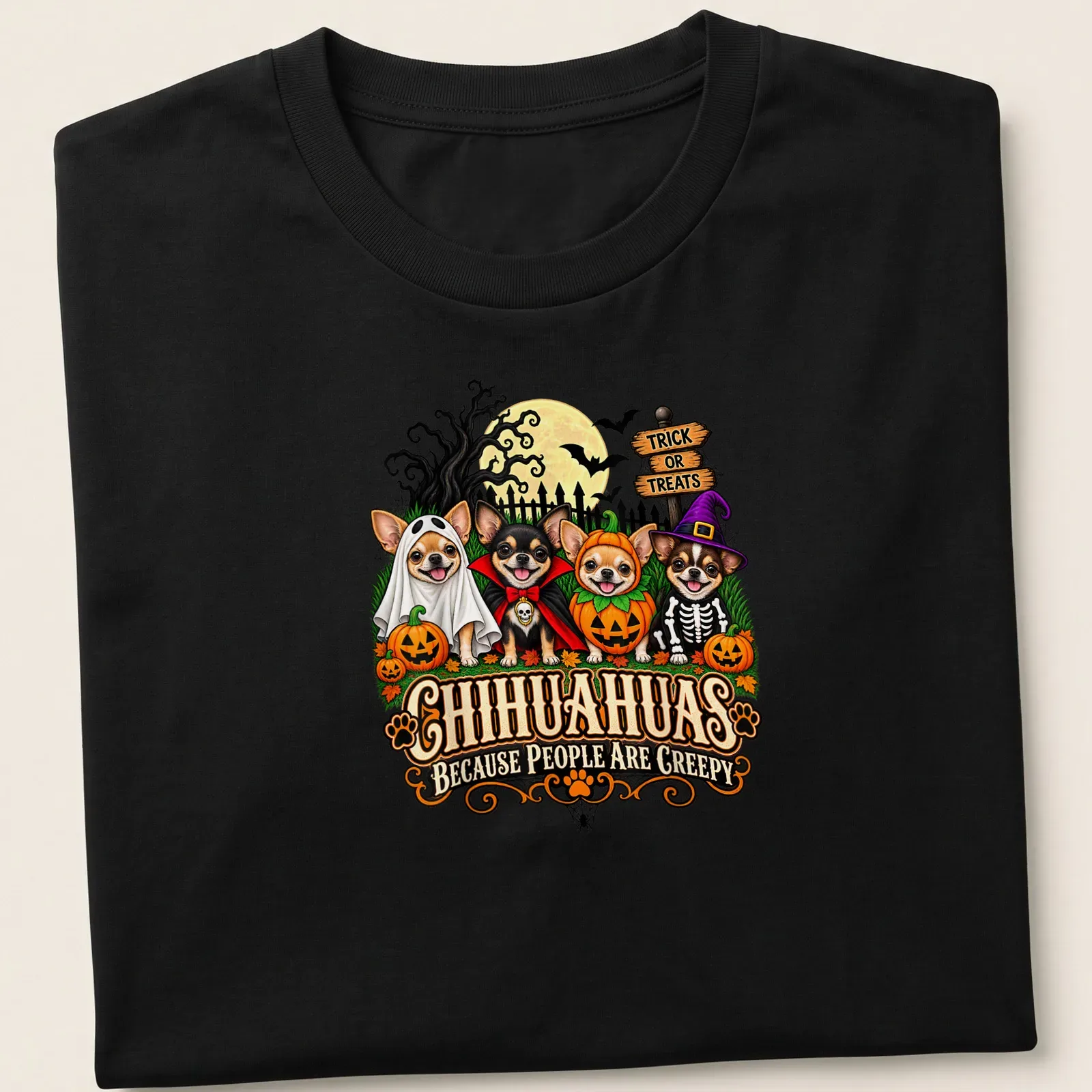 Colorful cartoon shirt featuring Chihuahuas in Halloween costumes with funny text — printed on a unisex t-shirt