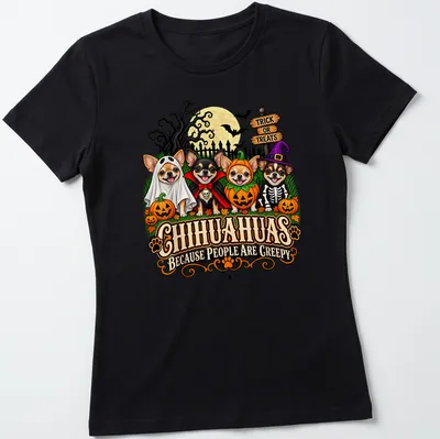 Colorful cartoon shirt featuring Chihuahuas in Halloween costumes with funny text — printed on a women's shirt