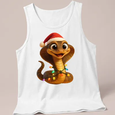 Cartoonish Christmas snake with lights and a Santa hat — printed on a tank top