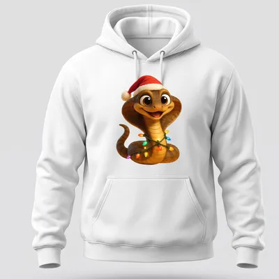 Cartoonish Christmas snake with lights and a Santa hat — printed on a unisex hoodie