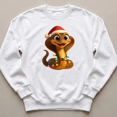 Cartoonish Christmas snake with lights and a Santa hat — printed on a unisex sweatshirt