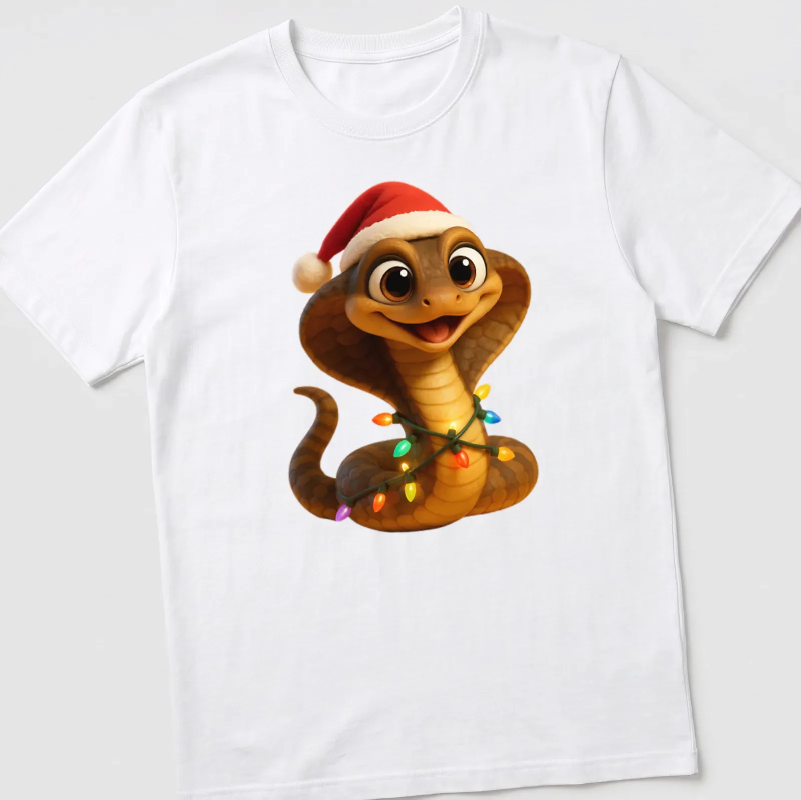 Cartoonish Christmas snake with lights and a Santa hat — printed on a unisex t-shirt