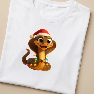 Cartoonish Christmas snake with lights and a Santa hat — printed on a women's shirt