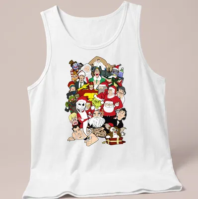 Cartoon style t-shirt featuring Christmas movie characters with Naughty & Nice text — printed on a tank top