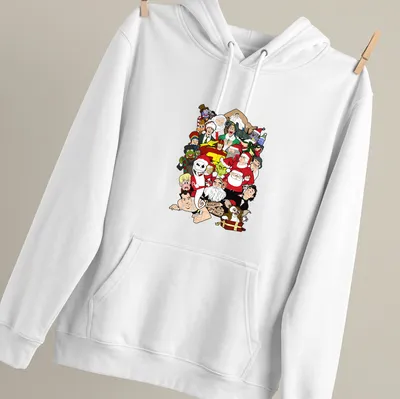 Cartoon style t-shirt featuring Christmas movie characters with Naughty & Nice text — printed on a unisex hoodie