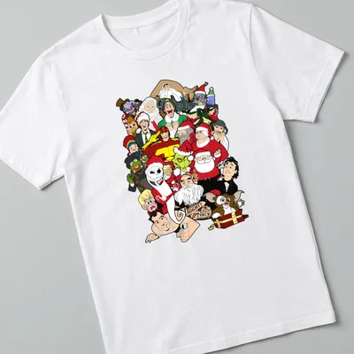 Cartoon style t-shirt featuring Christmas movie characters with Naughty & Nice text