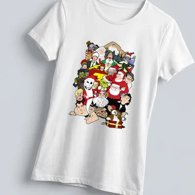 Cartoon style t-shirt featuring Christmas movie characters with Naughty & Nice text — printed on a women's shirt
