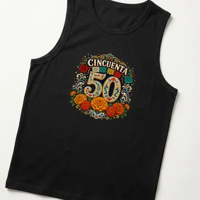 Vibrant floral design with CINCQUENTA 50 text for celebration — printed on a tank top