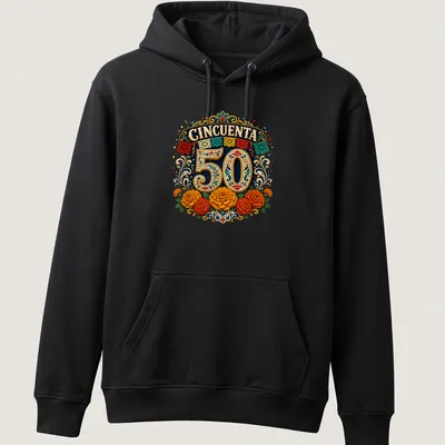 Vibrant floral design with CINCQUENTA 50 text for celebration — printed on a unisex hoodie